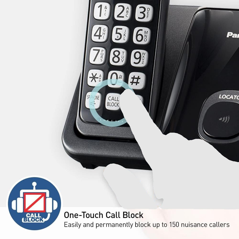 Panasonic Cordless Phone System, Expandable Home Phone with Call Blocking, Bilingual Caller ID and High-Contrast Display, 3 Handset (KX-TGD613B) - Black