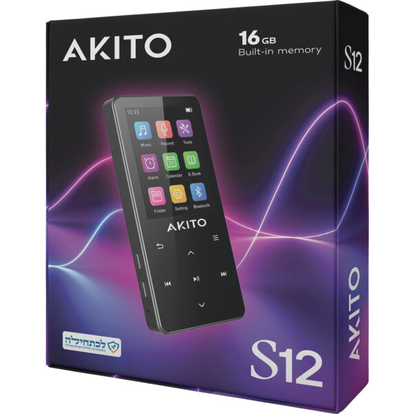 Akito S12 16GB portable media player with colorful app icons and sleek black design
