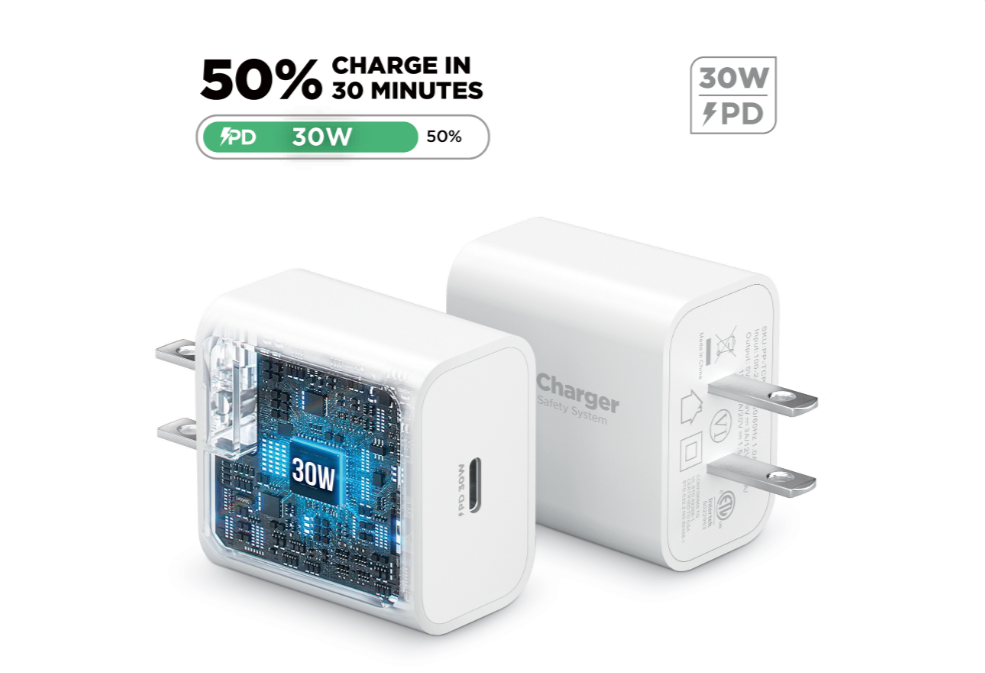 PowerPeak ECONOMY - ULTRAFAST 30W PPS High Speed USB C Wall Charger with Type C 6 ft cable -White