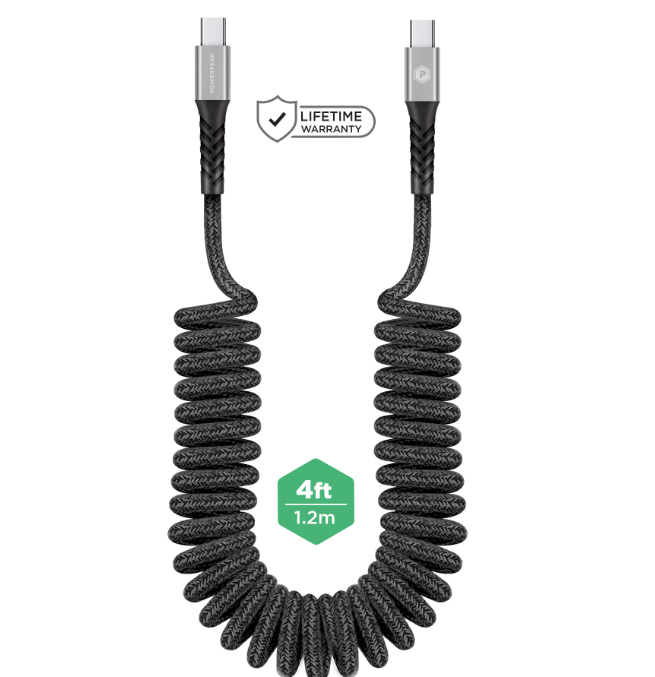 PowerPeak Type C to C Coiled Charge & Sync Cable - 4ft - Grey