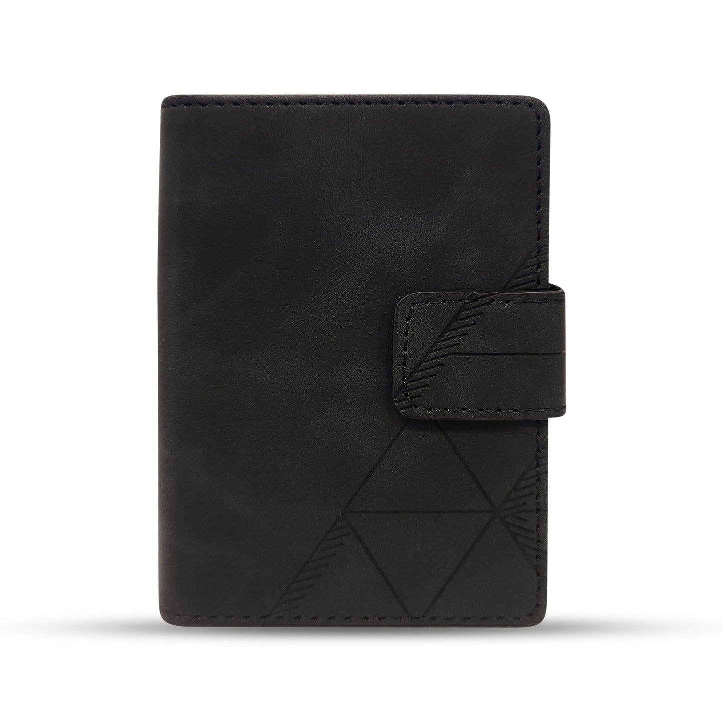 Black leather wallet with geometric embossing and strap closure