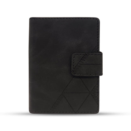 Black leather wallet with geometric embossing and strap closure