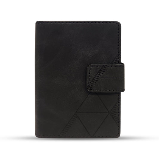 Black leather wallet with geometric embossing and strap closure