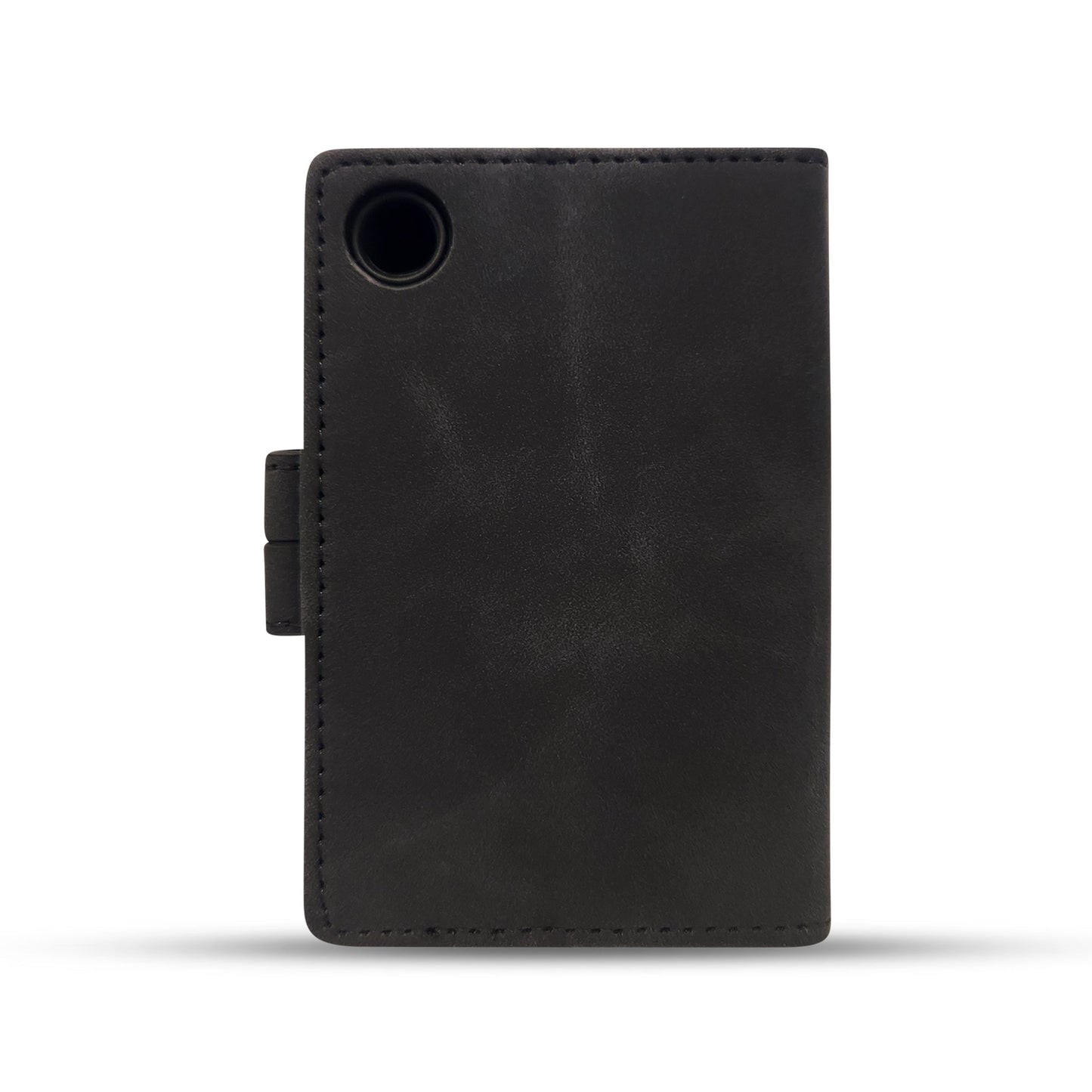 Black leather wallet case with precise stitching and camera cutout for smartphone protection