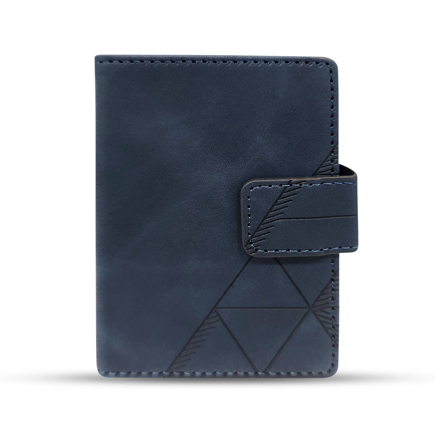 Dark blue leather wallet with geometric embossing and secure strap closure