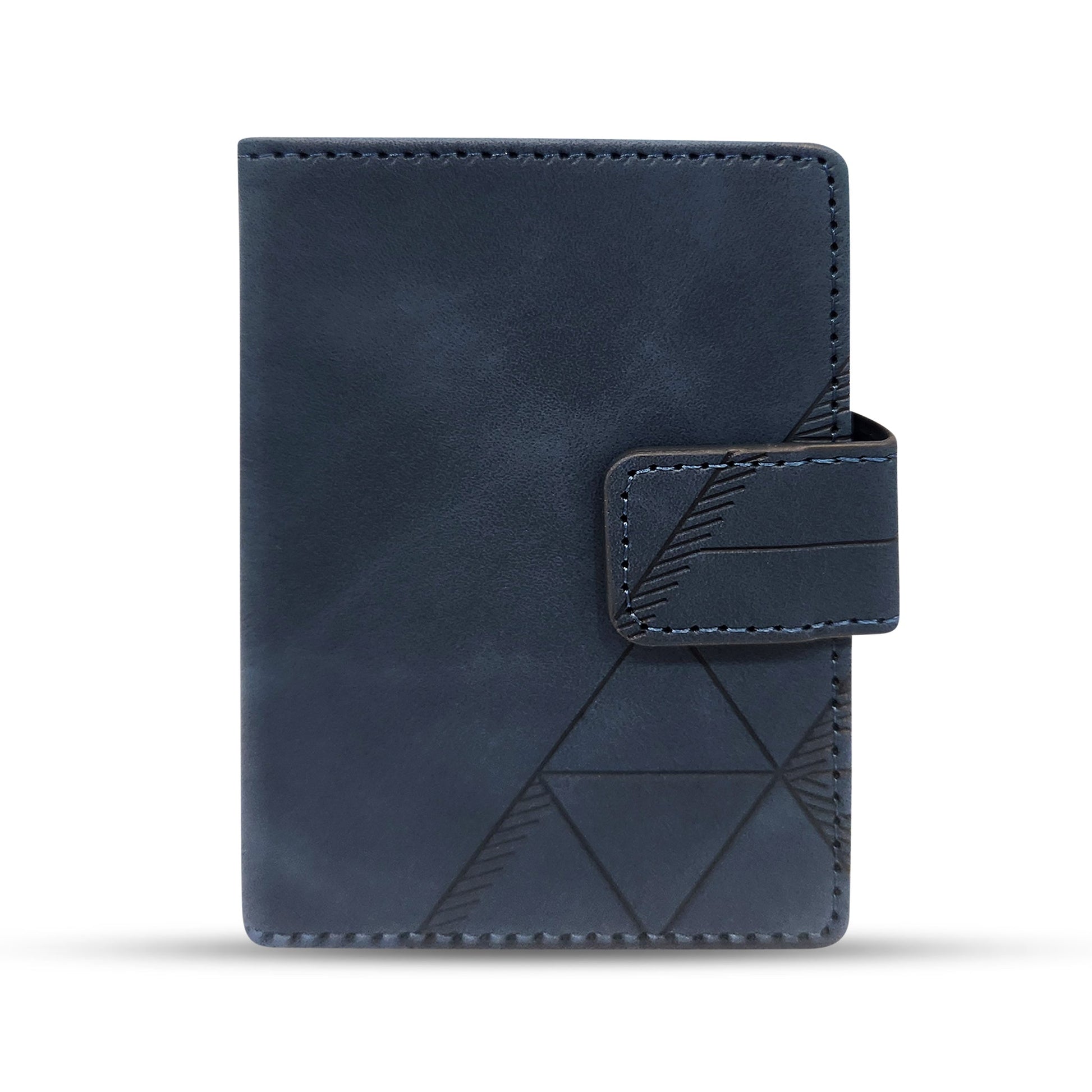 Dark blue leather wallet with geometric embossing and secure strap closure