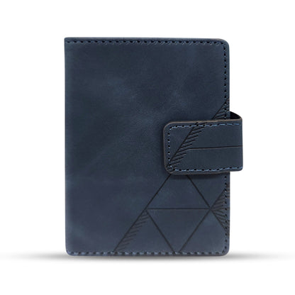 Dark blue leather wallet with geometric embossing and secure strap closure