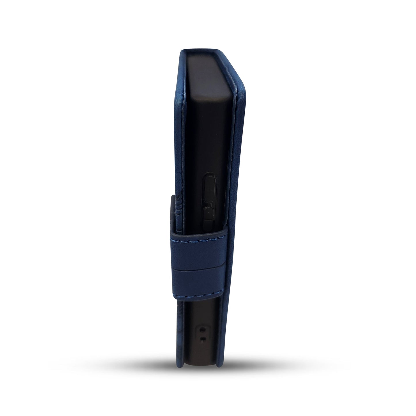 Blue protective case for sleek black electronic device with secure strap