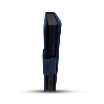 Blue protective case for sleek black electronic device with secure strap
