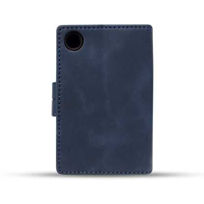 Navy blue leather phone case with precise stitching and camera cutout