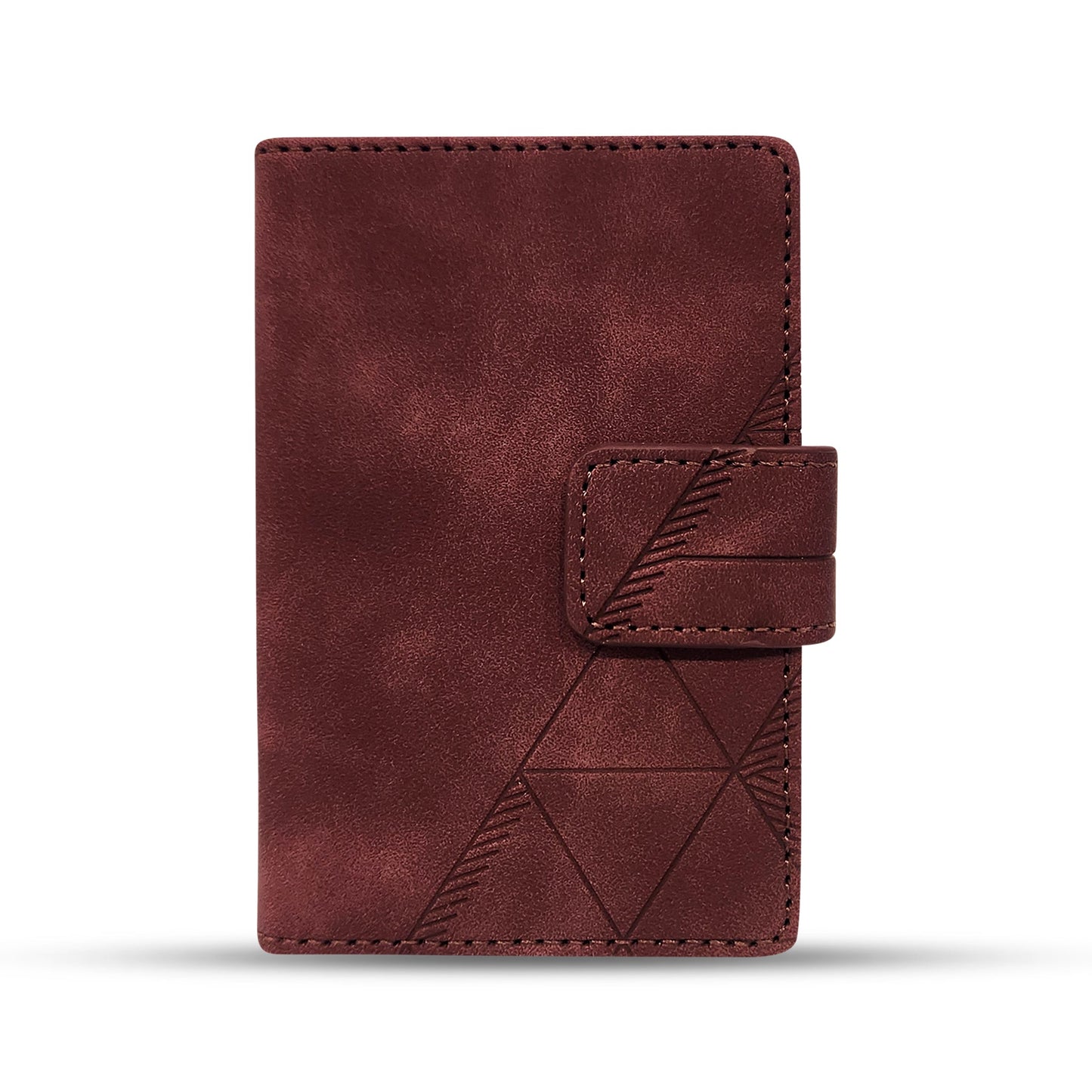 Burgundy leather wallet with geometric stitching design and secure strap closure