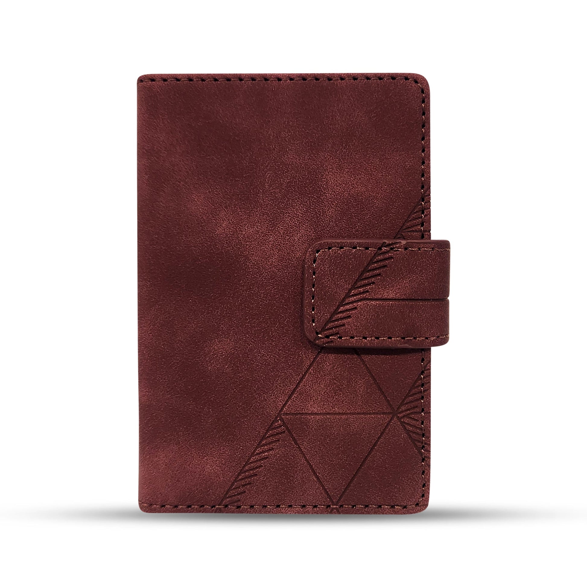 Burgundy leather wallet with geometric stitching design and secure strap closure