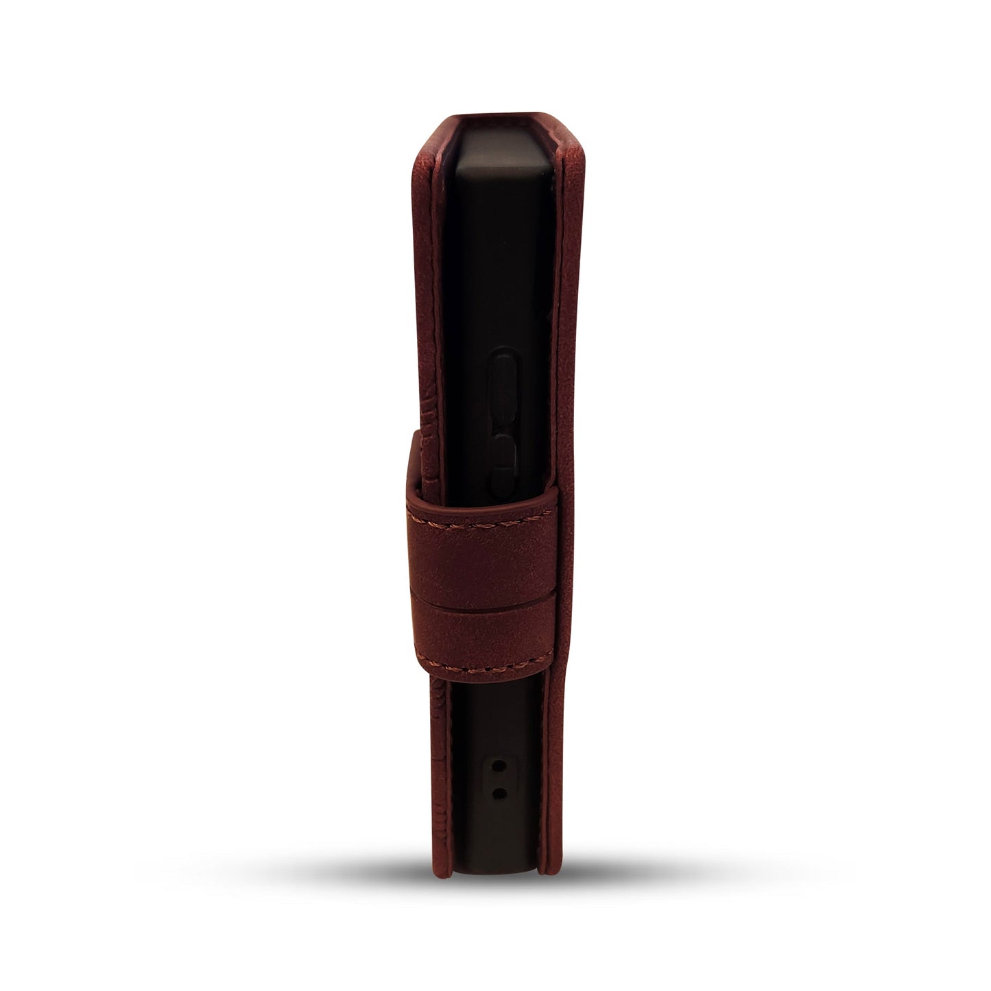 Brown leather case for sleek black electronic device with button and port details