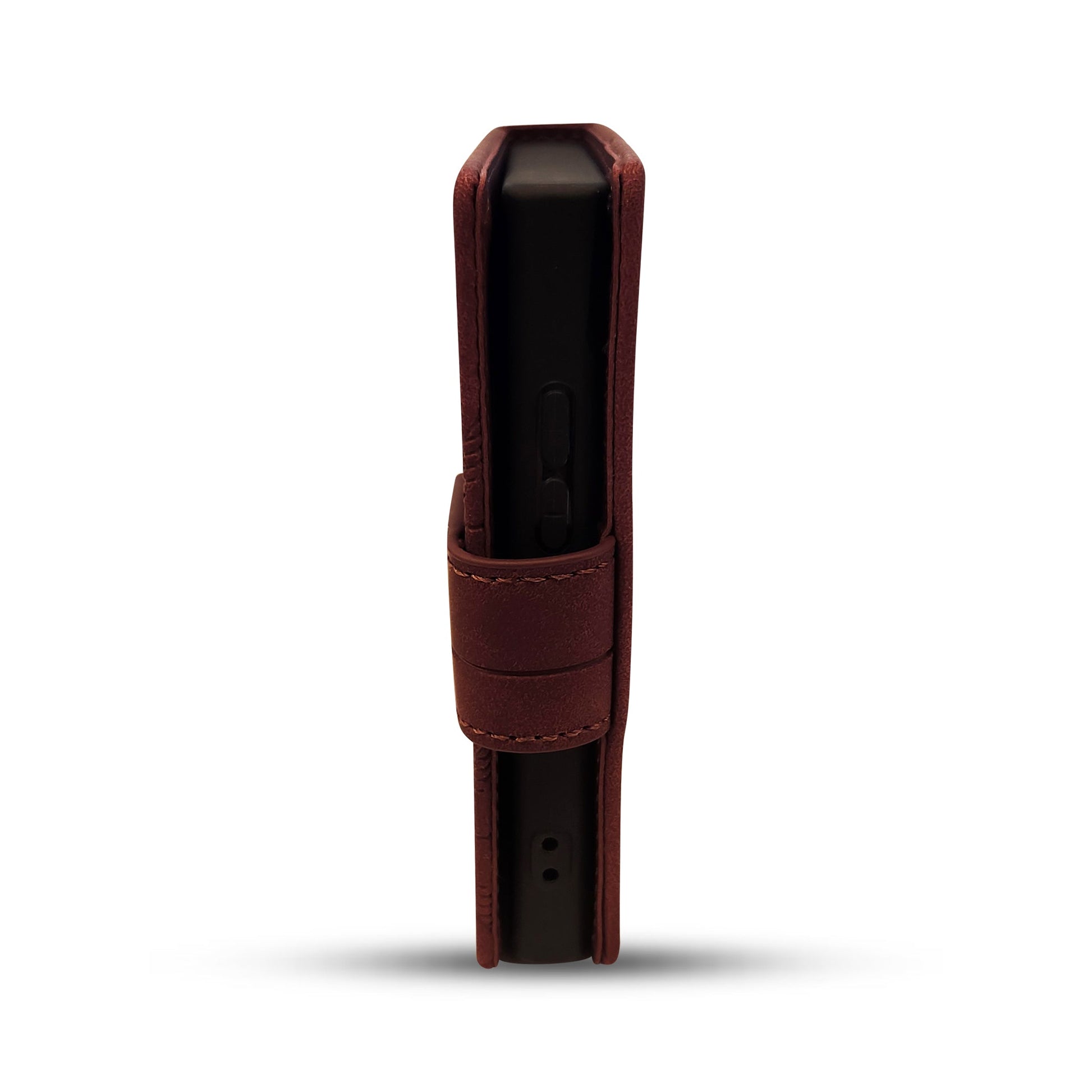 Brown leather case for sleek black electronic device with button and port details