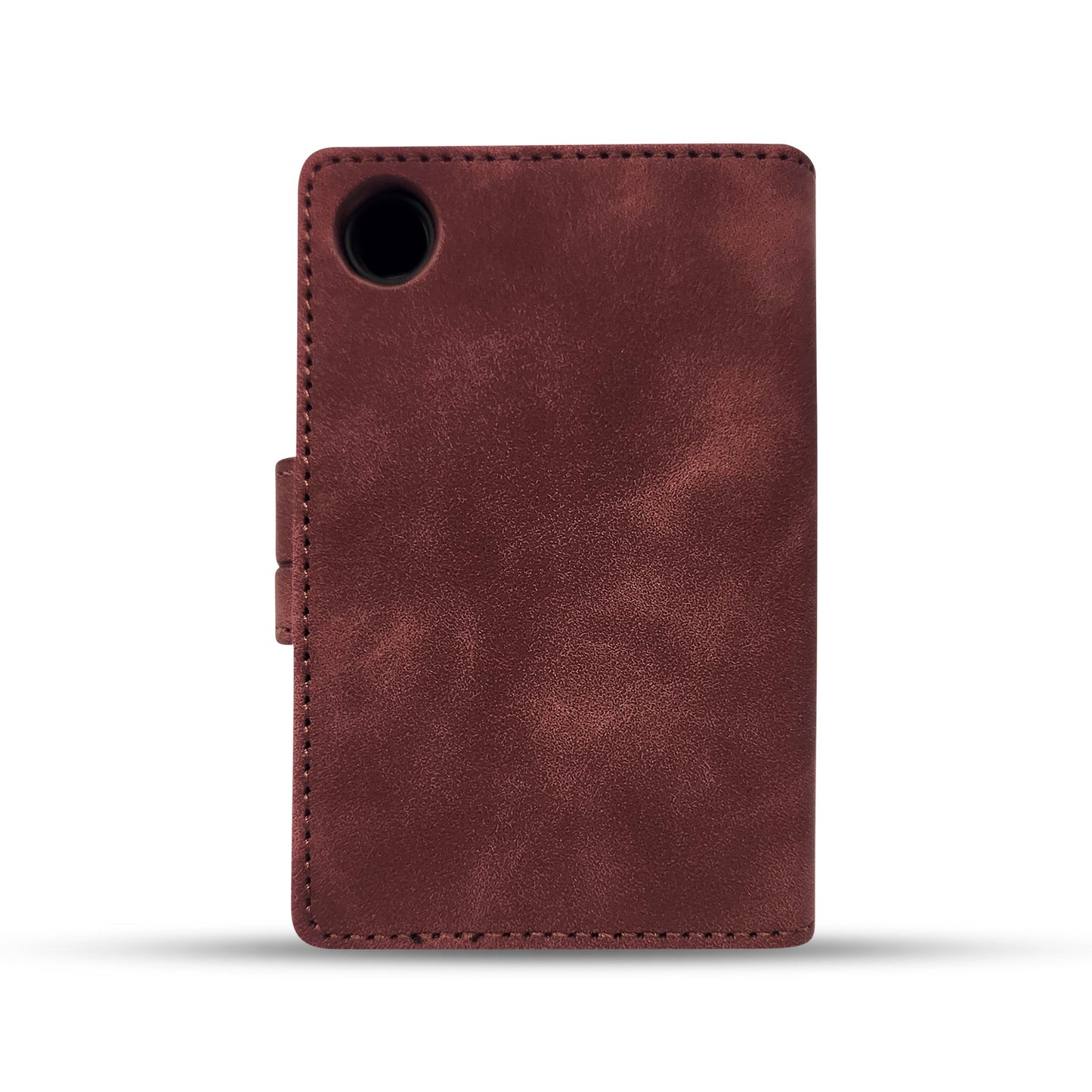 Burgundy leather phone case with precise stitching and camera cutout
