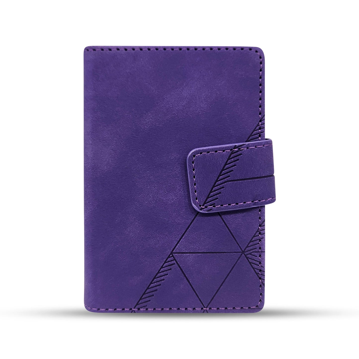 Purple leather wallet with geometric patterns and secure strap closure