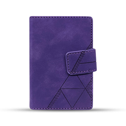 Purple leather wallet with geometric patterns and secure strap closure
