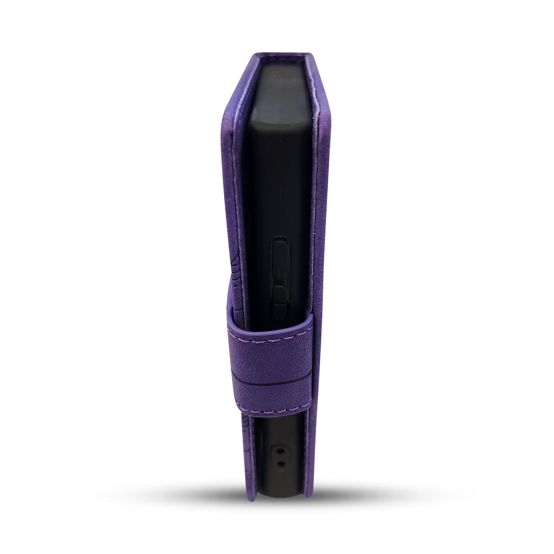 Purple protective case for sleek black electronic device with button and port details
