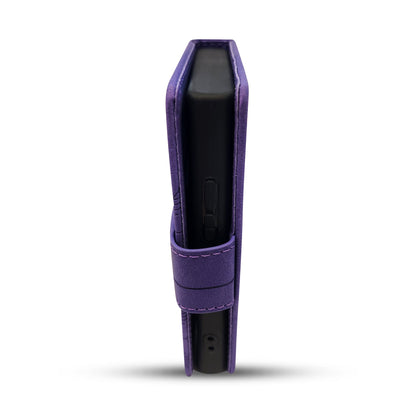 Purple protective case for sleek black electronic device with button and port details