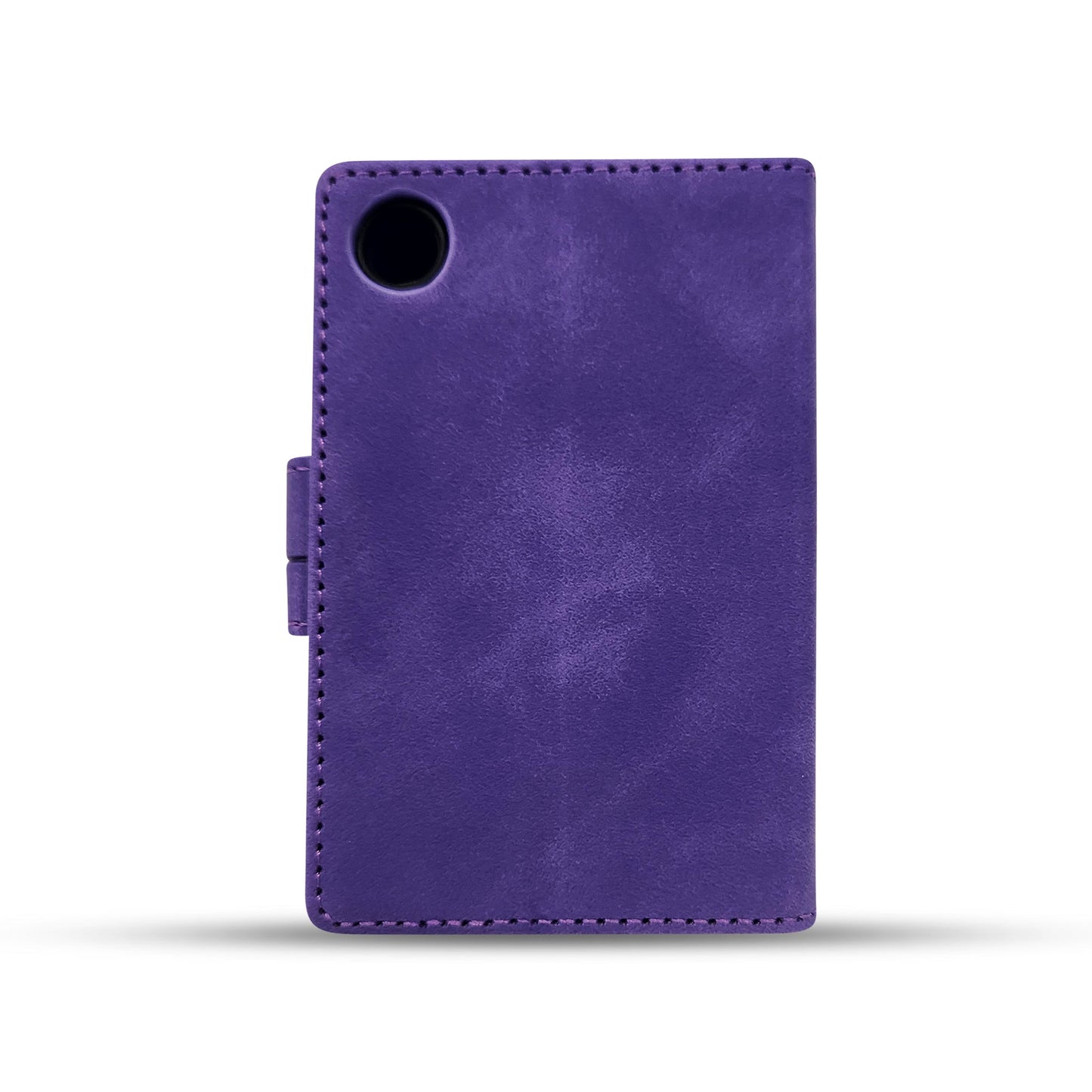 Purple leather phone case with precise stitching and camera cutout