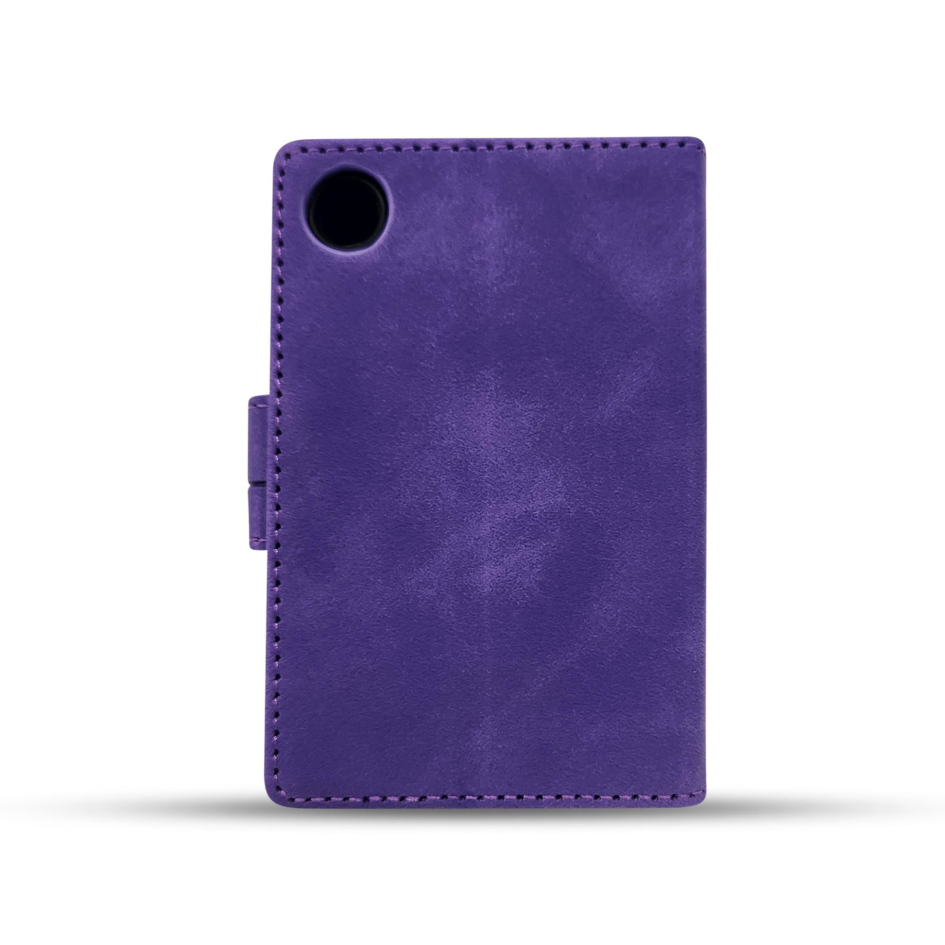 Purple leather phone case with precise stitching and camera cutout