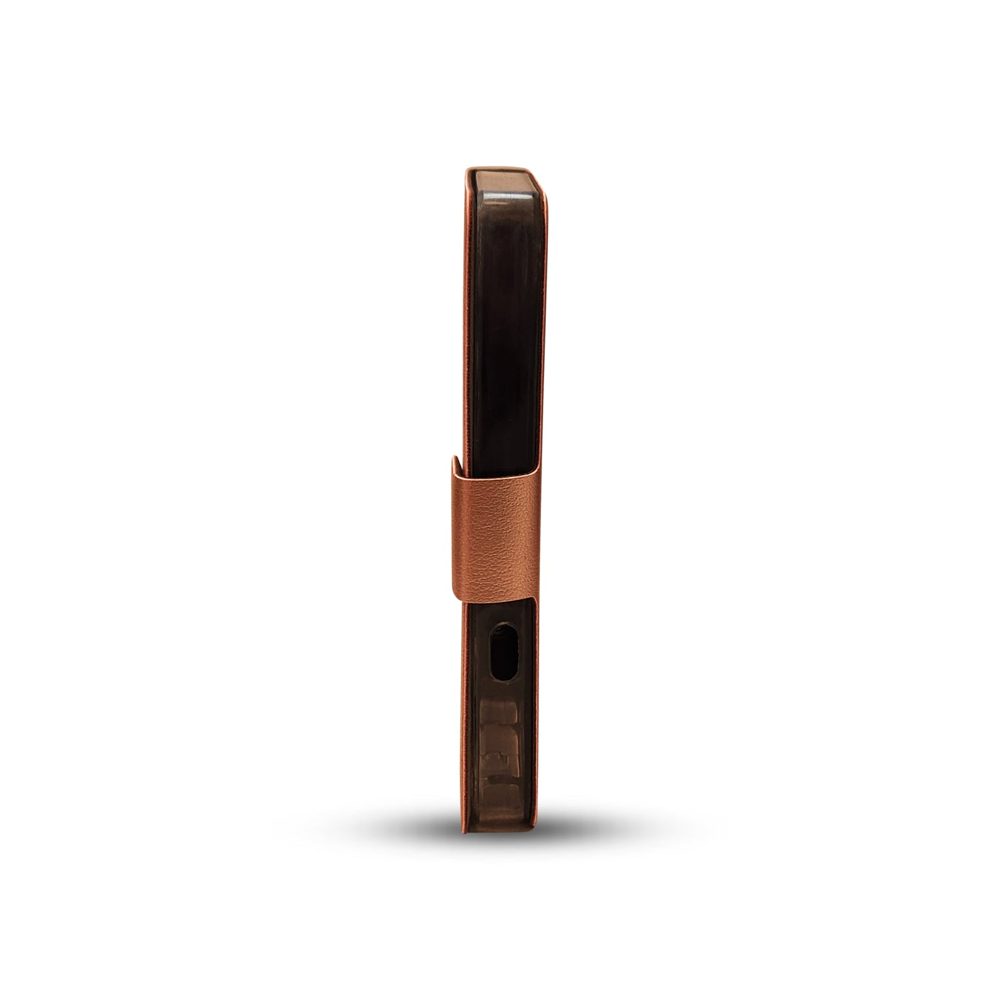 Copper-finished electronic device with sleek design and secure clip attachment