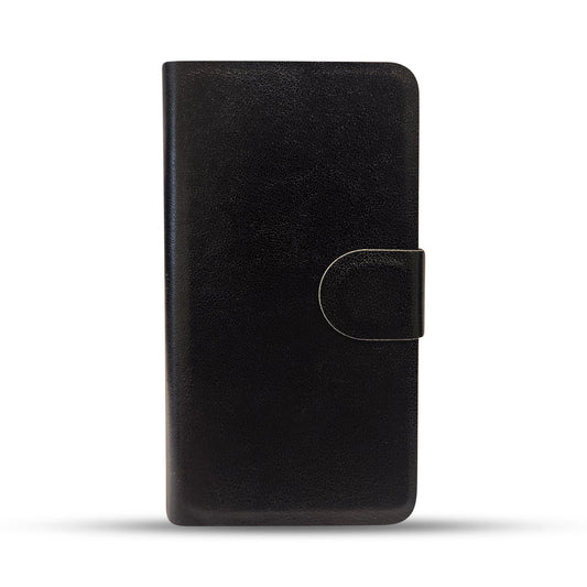 Black leather wallet-style phone case with magnetic closure