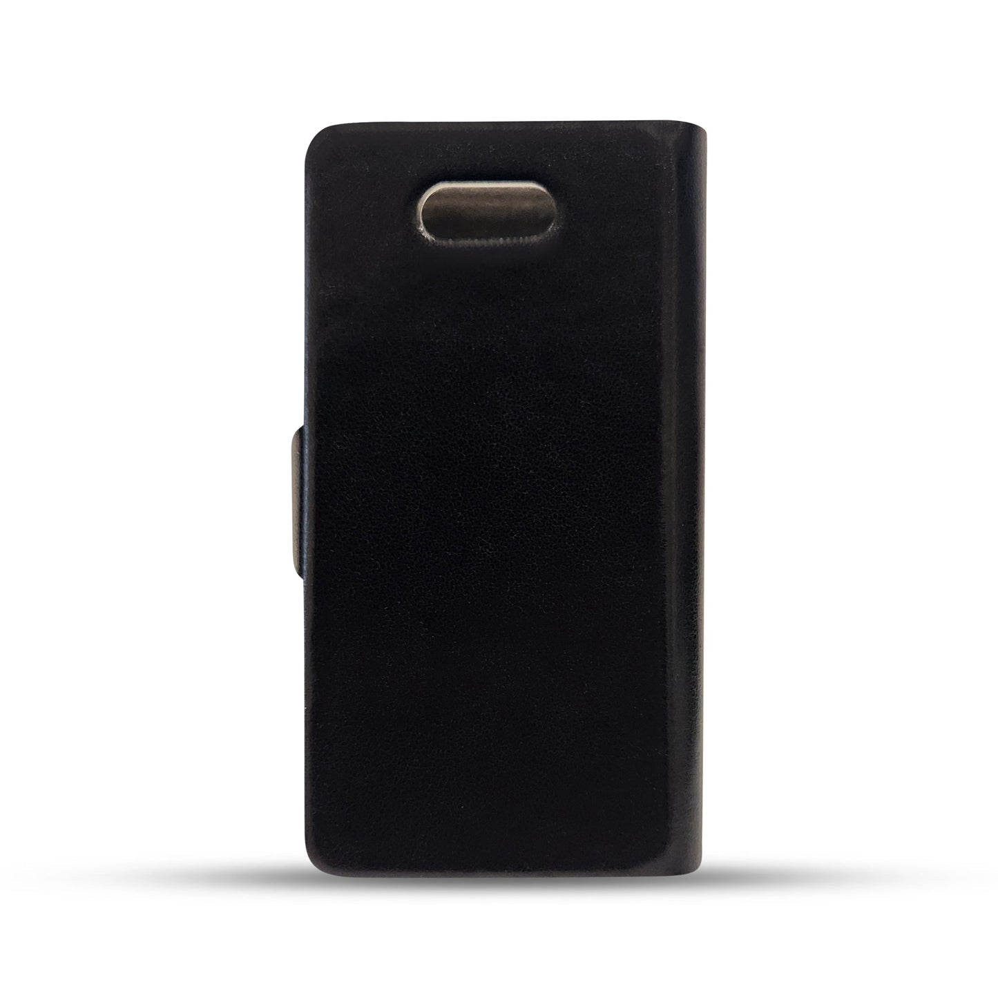 Black leather phone case with textured finish and cutout for camera