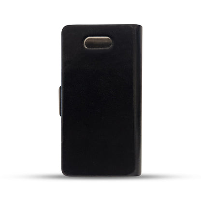 Black leather phone case with textured finish and cutout for camera