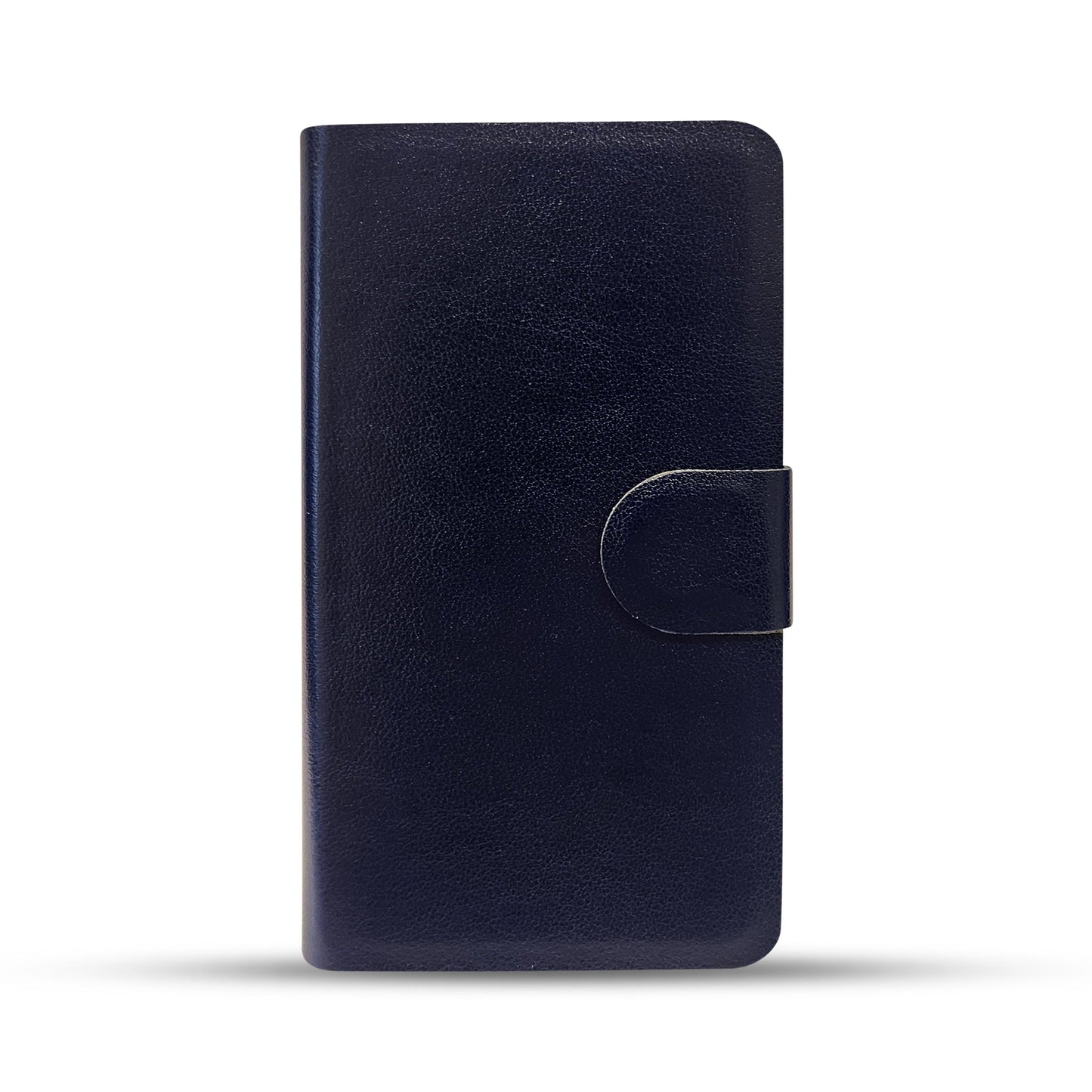 Navy blue leather phone case with magnetic flap closure