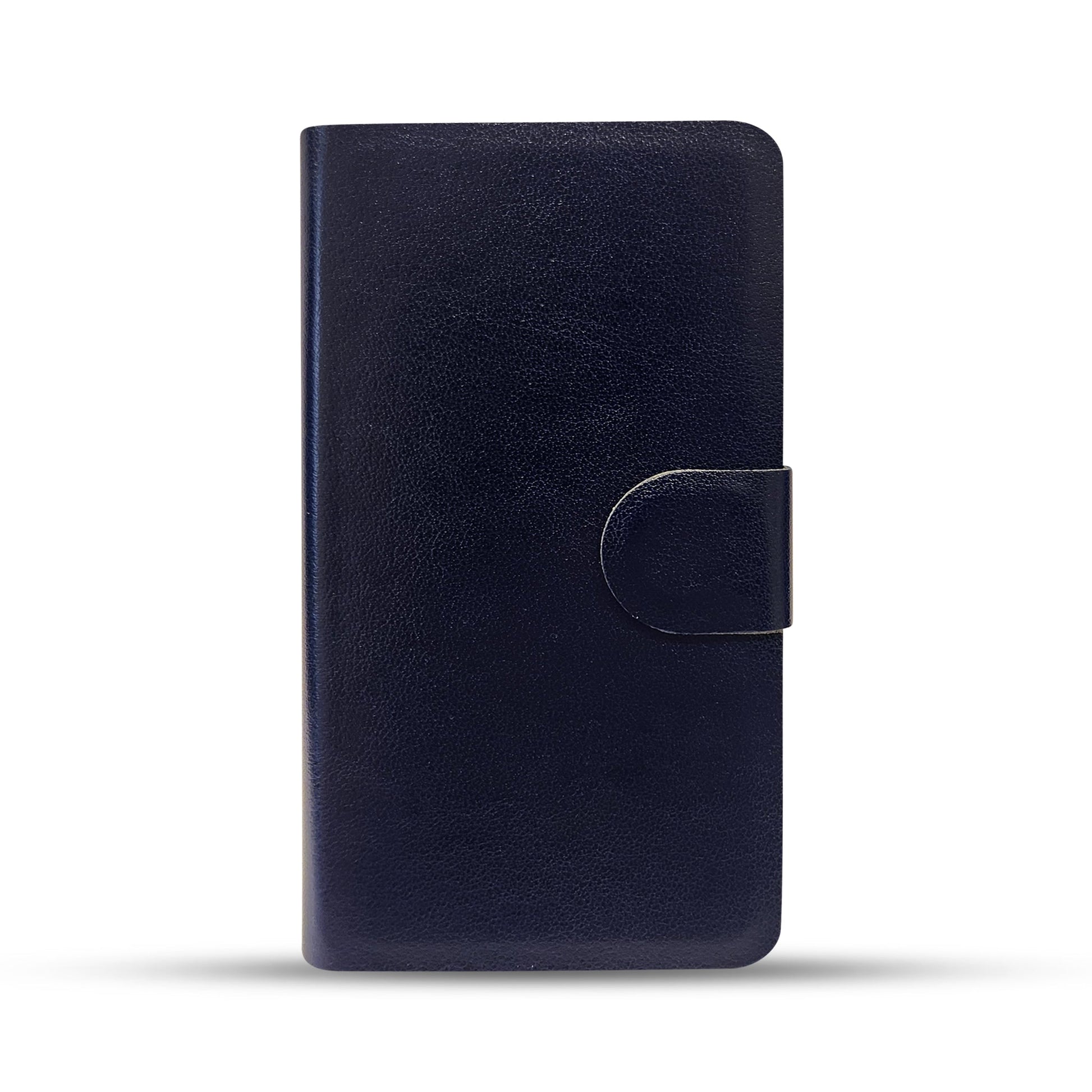 Navy blue leather phone case with magnetic flap closure