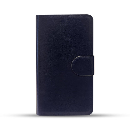 Navy blue leather phone case with magnetic flap closure