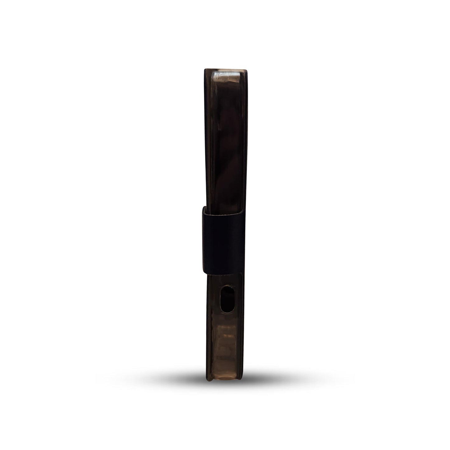 Sleek black electronic device with transparent casing and secure clip design