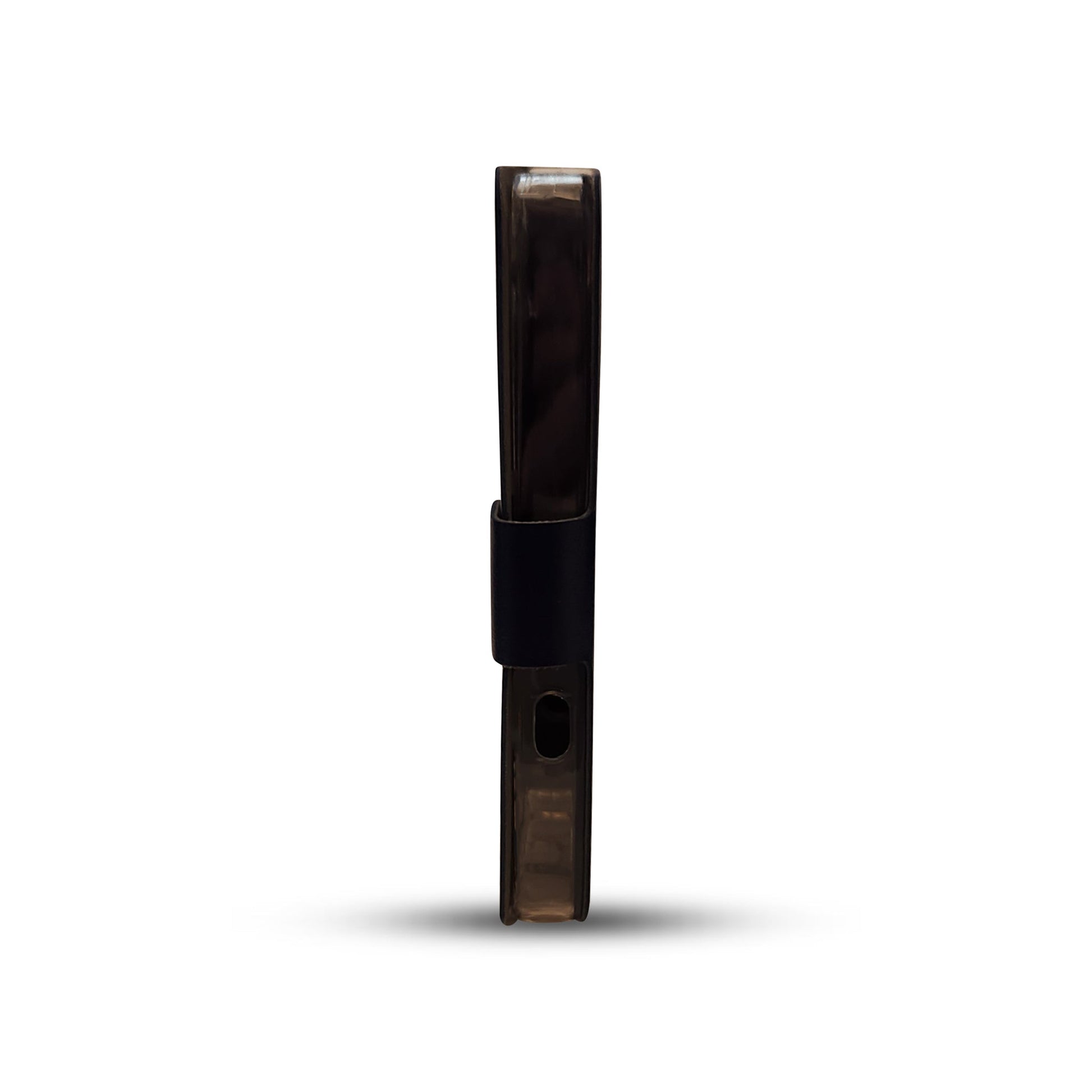 Sleek black electronic device with transparent casing and secure clip design