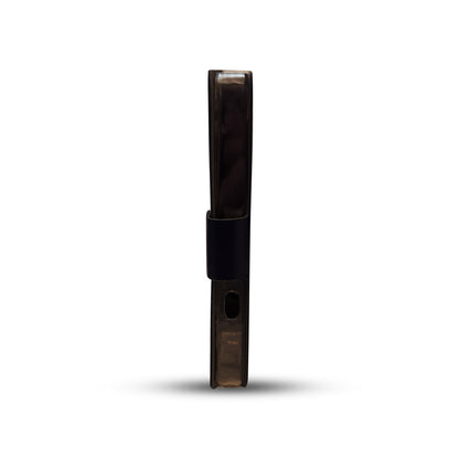 Sleek black electronic device with transparent casing and secure clip design