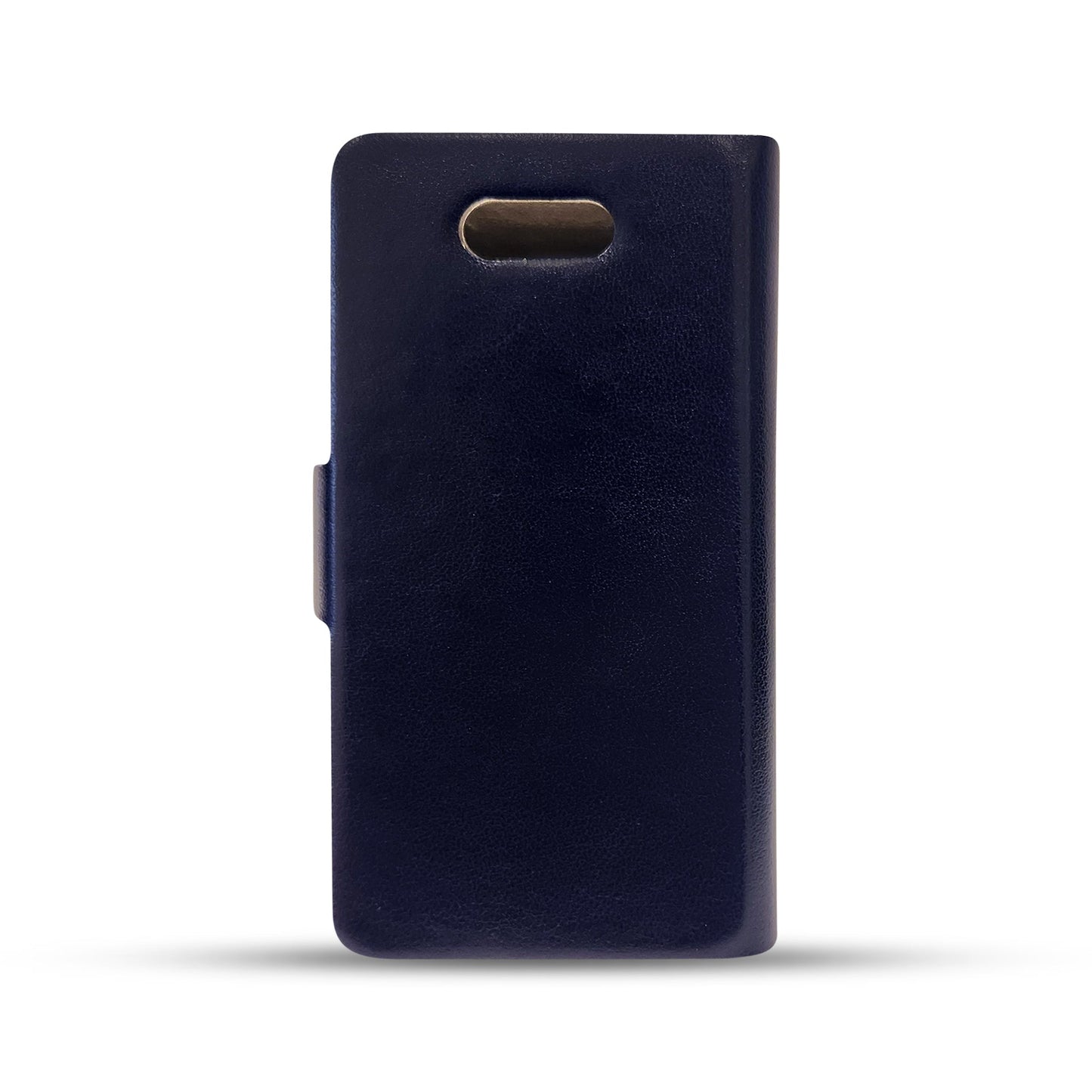 Navy blue leather phone case with sleek design and cutout for camera