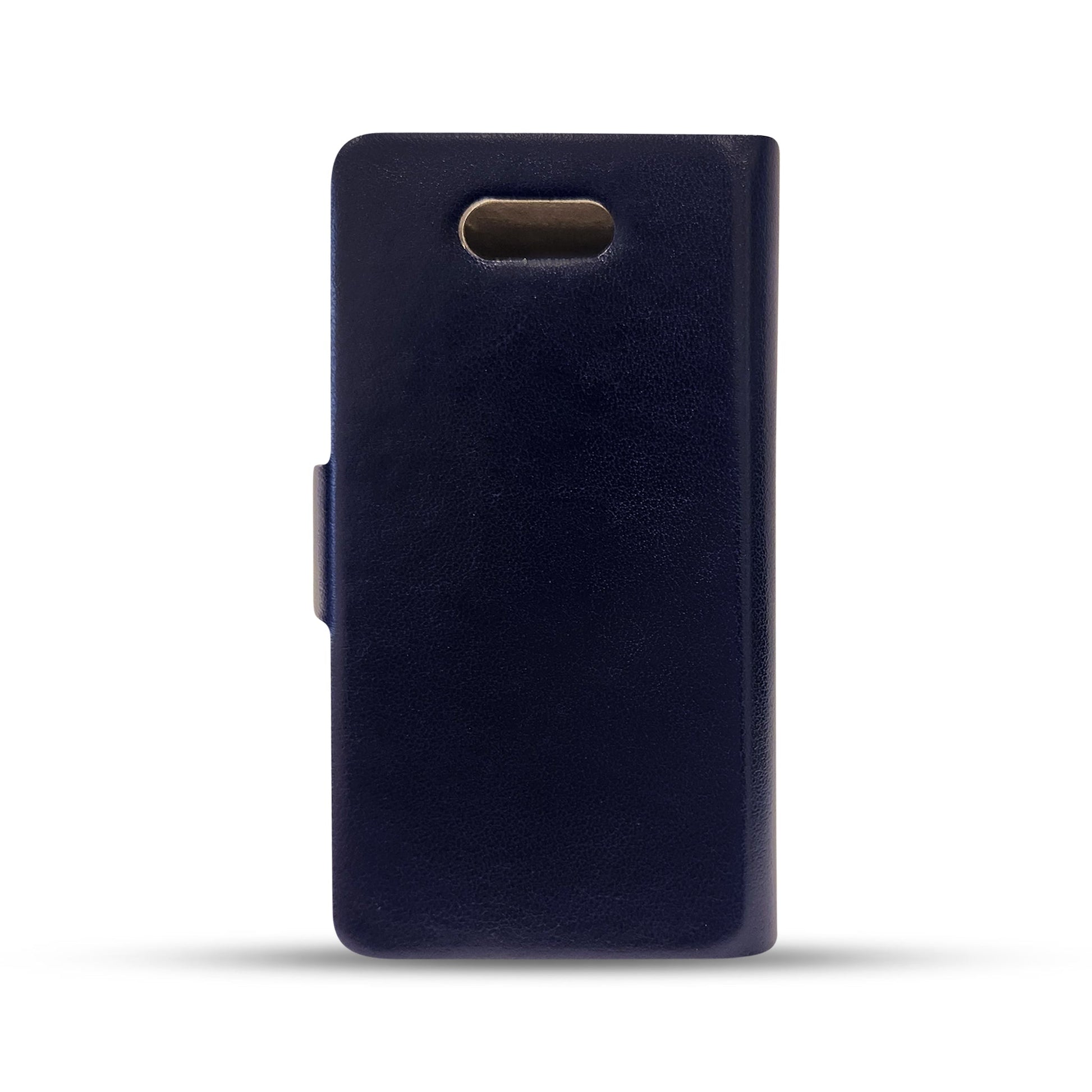 Navy blue leather phone case with sleek design and cutout for camera