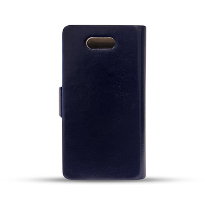 Navy blue leather phone case with sleek design and cutout for camera