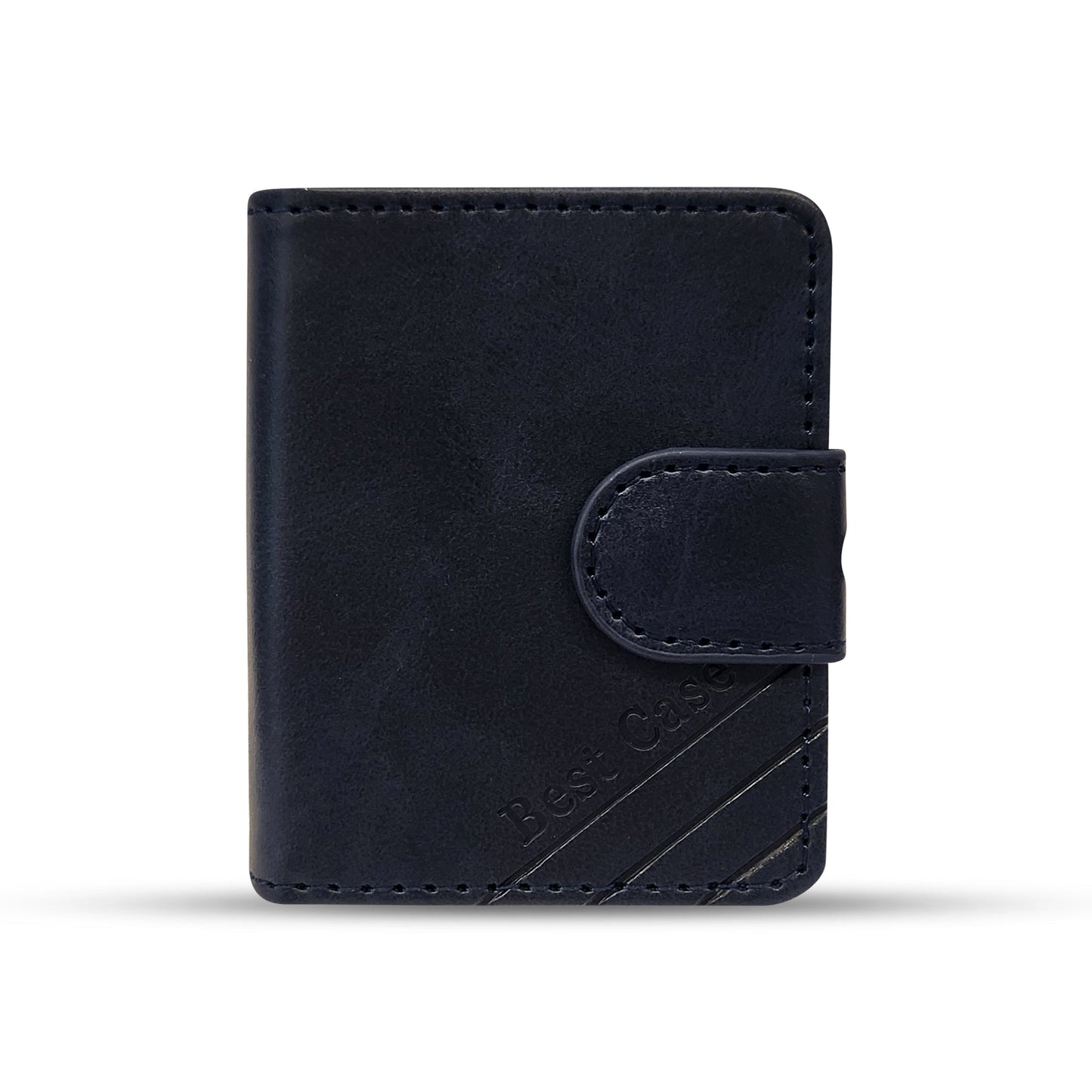 Black leather wallet with snap closure and embossed Best Case design