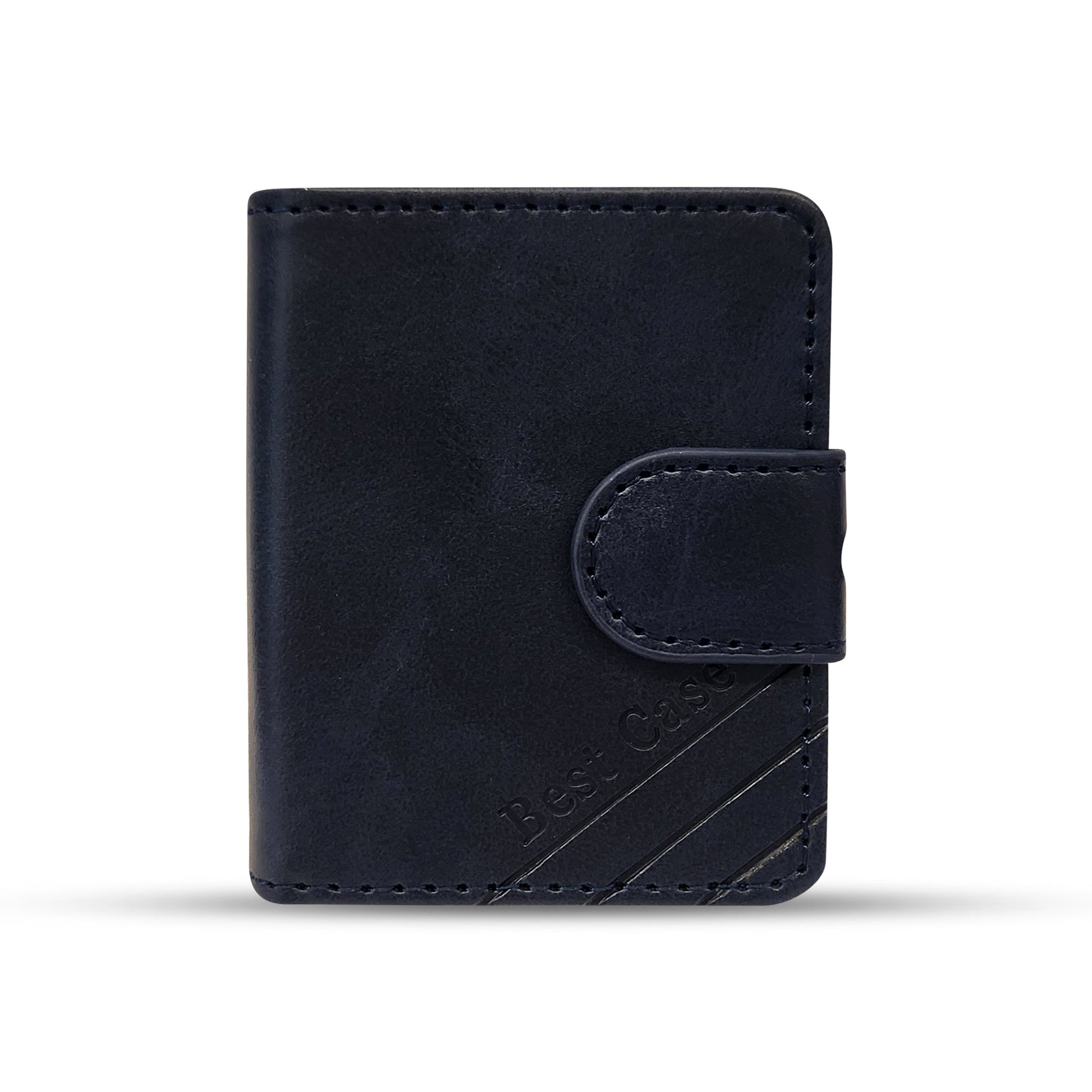 Black leather wallet with snap closure and embossed Best Case design