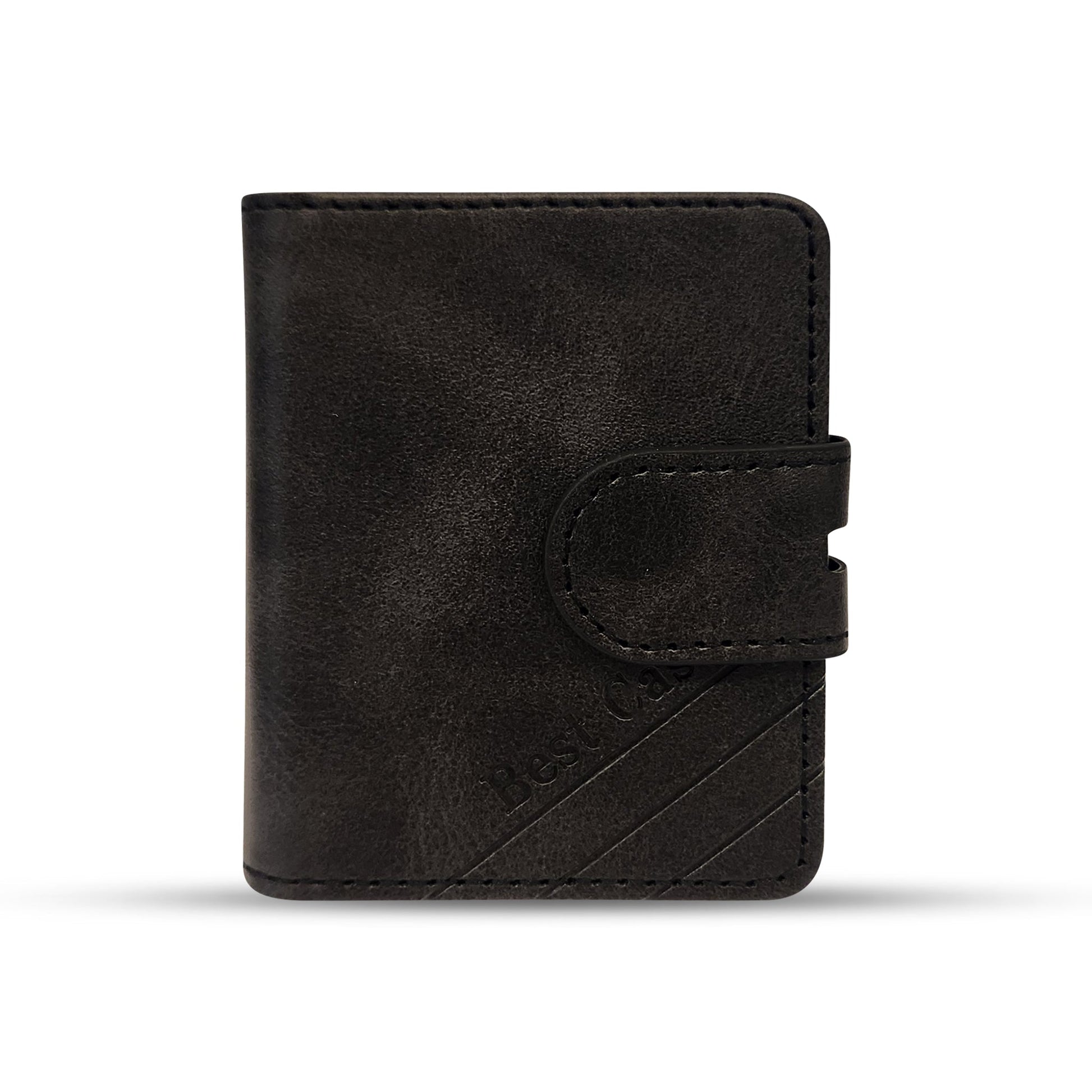 Black leather wallet with embossed text and strap closure