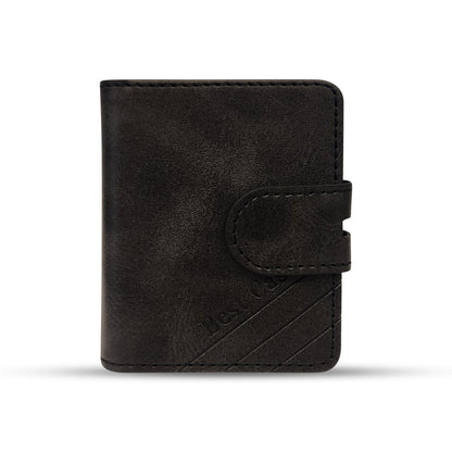 Black leather wallet with embossed text and strap closure