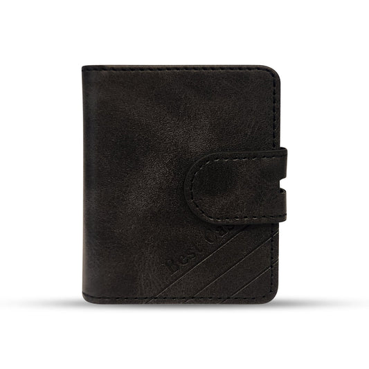 Black leather wallet with embossed text and strap closure