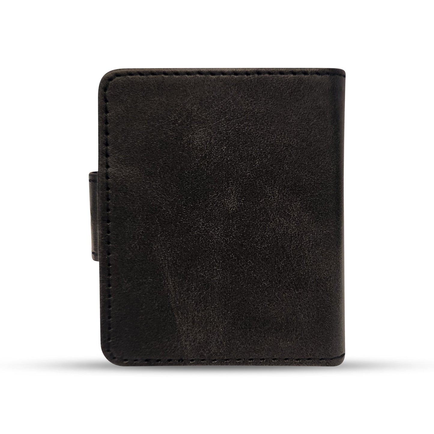Black leather wallet with precise stitching and minimalist design