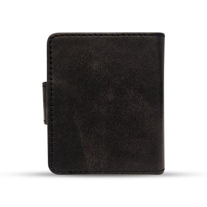 Black leather wallet with precise stitching and minimalist design