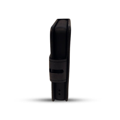 Black leather phone holster with secure strap and sleek design for everyday carry