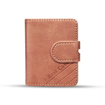 Brown leather wallet with 'Best Case' embossing and secure strap closure