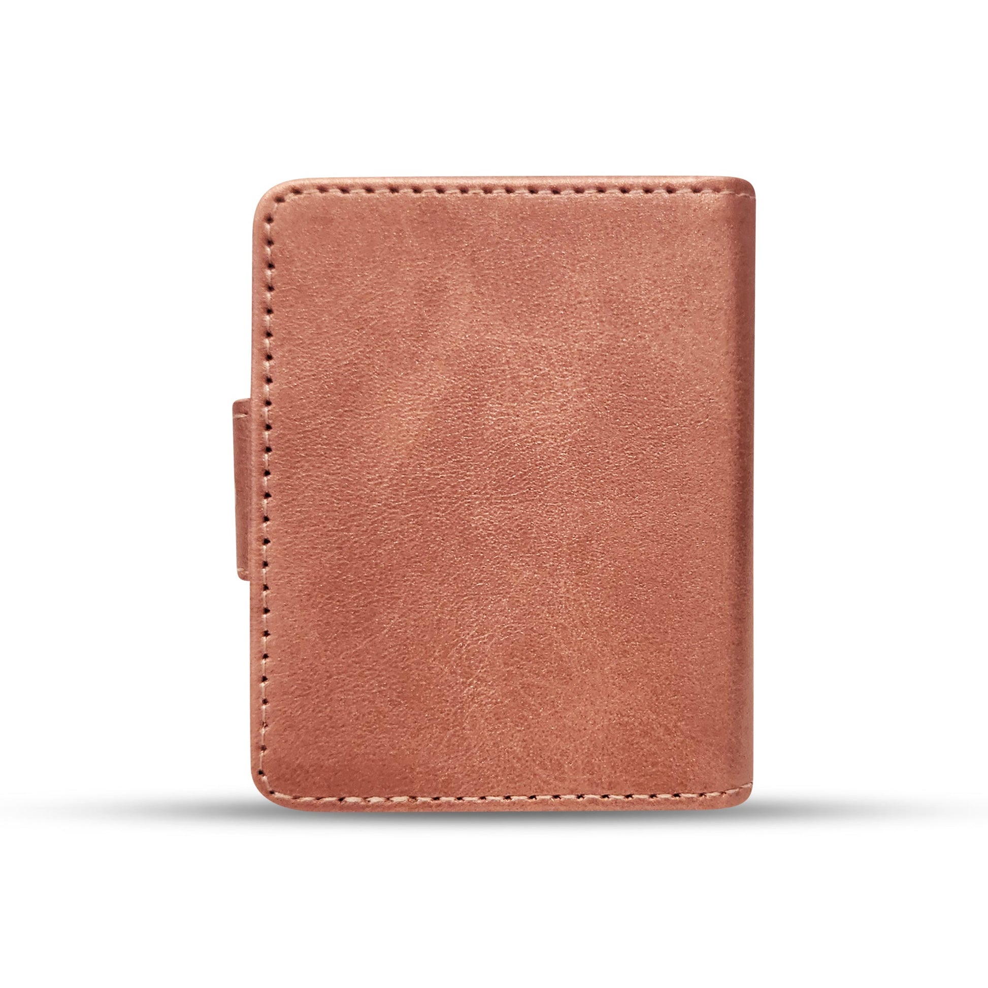 Rose gold leather wallet with precise stitching, sleek minimalist design
