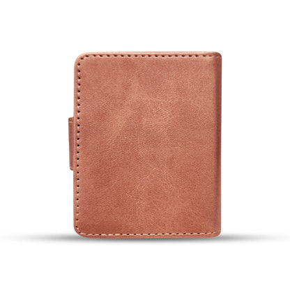 Rose gold leather wallet with precise stitching, sleek minimalist design