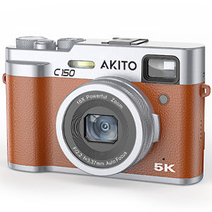 Akito C150 5K digital camera with 16x zoom lens, sleek brown and silver design